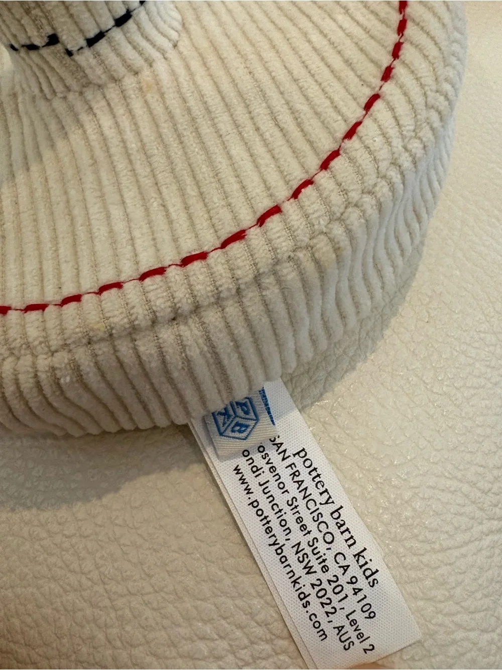 Pottery Barn Kids Cream Corduroy Hat with Red Stitching